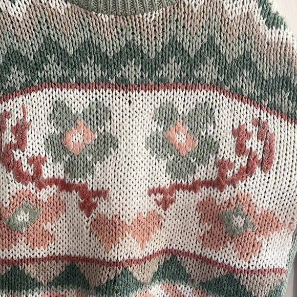 Vintage Hand knitted Granny Sweater Floral Green Pink Ramie Cottagecore L 80s - Picture 3 of 4